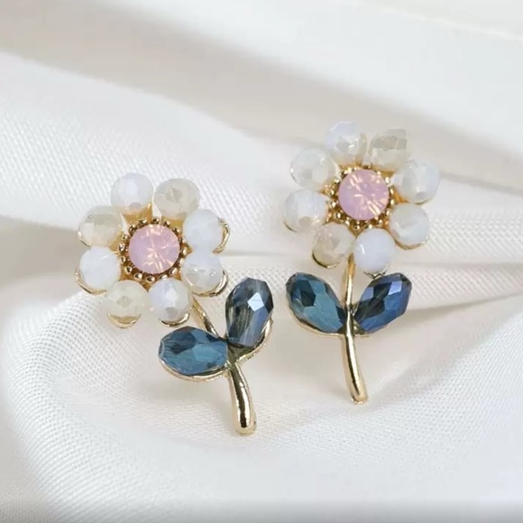 Floral Gold And Blue Rhinestone Statement Earrings 39$